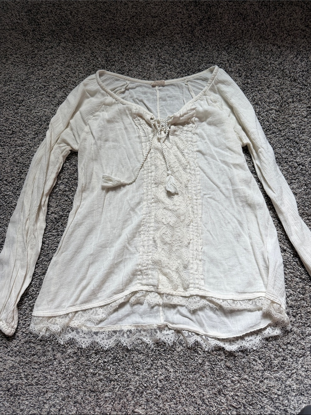 Hollister Cream Lace-Front Long Sleeve Blouse